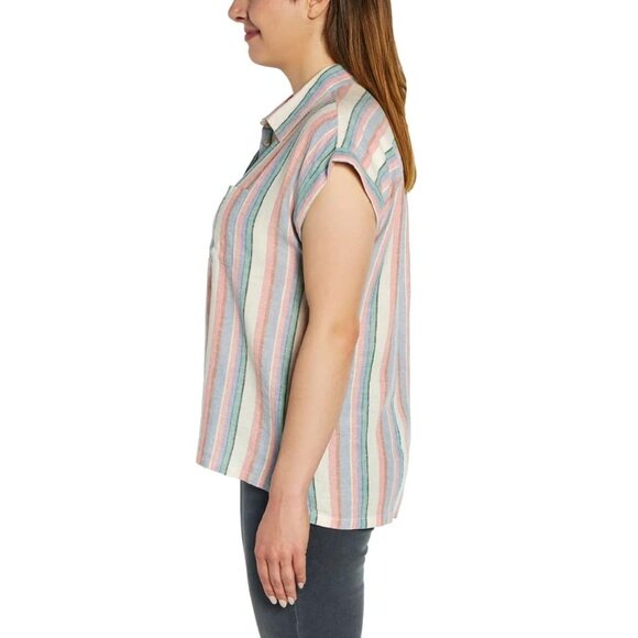 NEW Orvis Short Sleeve Rolled Cuffed Tacked Stripes Front Linen Blend Shirt 6 8 - Picture 2 of 4